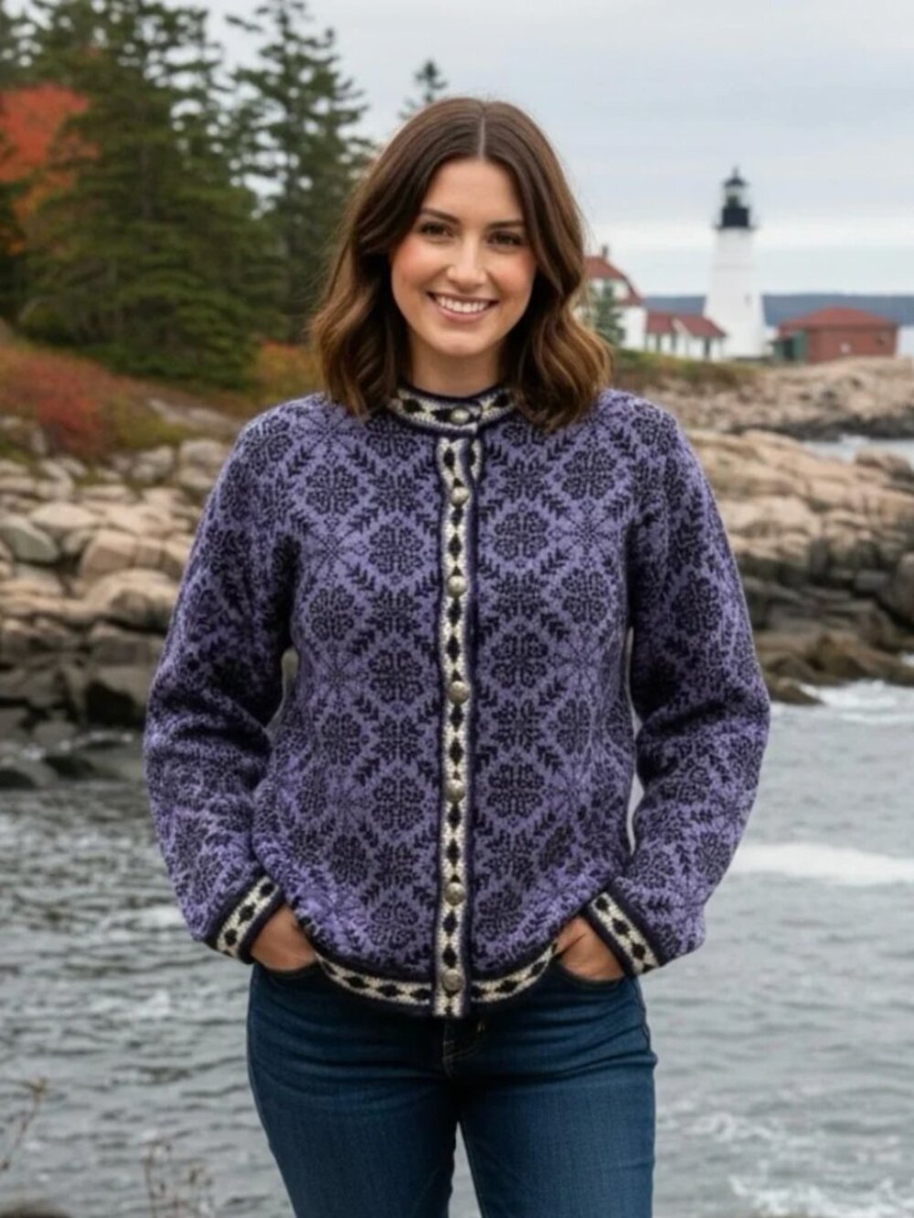 L.L. Bean Purple, Black and White Nordic Wool Cardigan